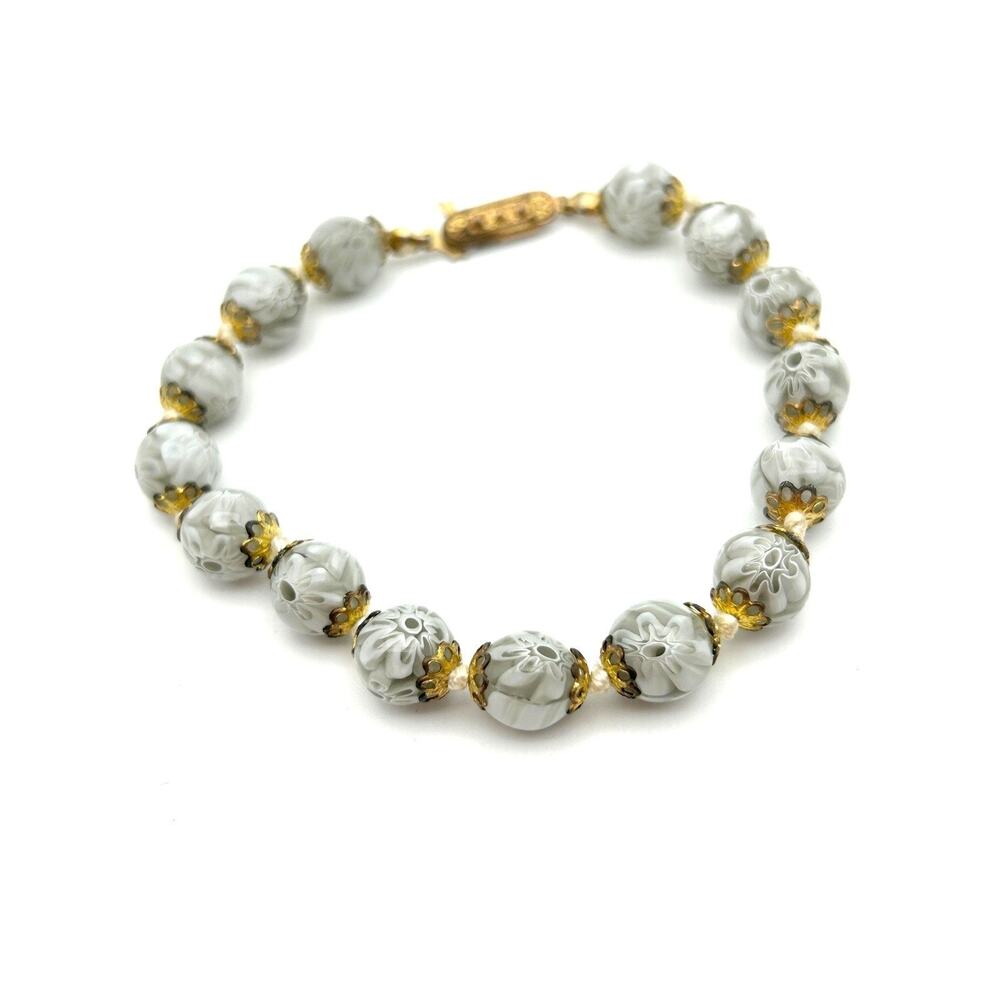 Vintage White Millefiori Glass Bead Bracelet Hand Knotted Murano Style